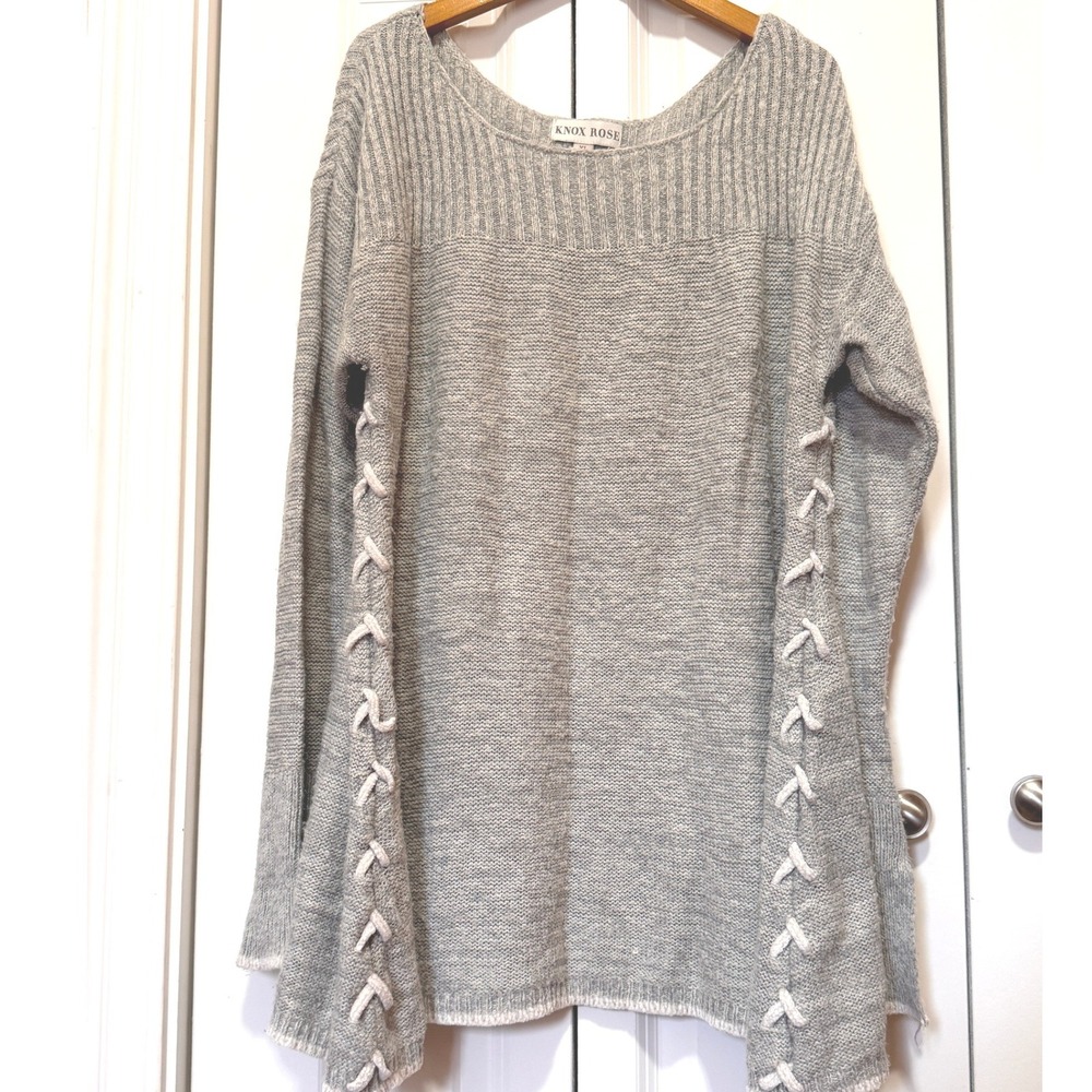 Knox Rose Womens XL Gray Lace Up Side Bell Sleeve Fuzzy Knit Sweater F00309160